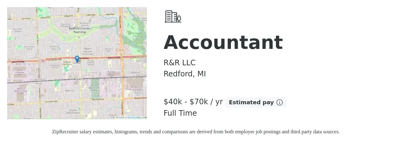 R&R LLC job posting for a Accountant in Redford, MI with a salary of $40,000 to $70,000 Yearly with a map of Redford location.