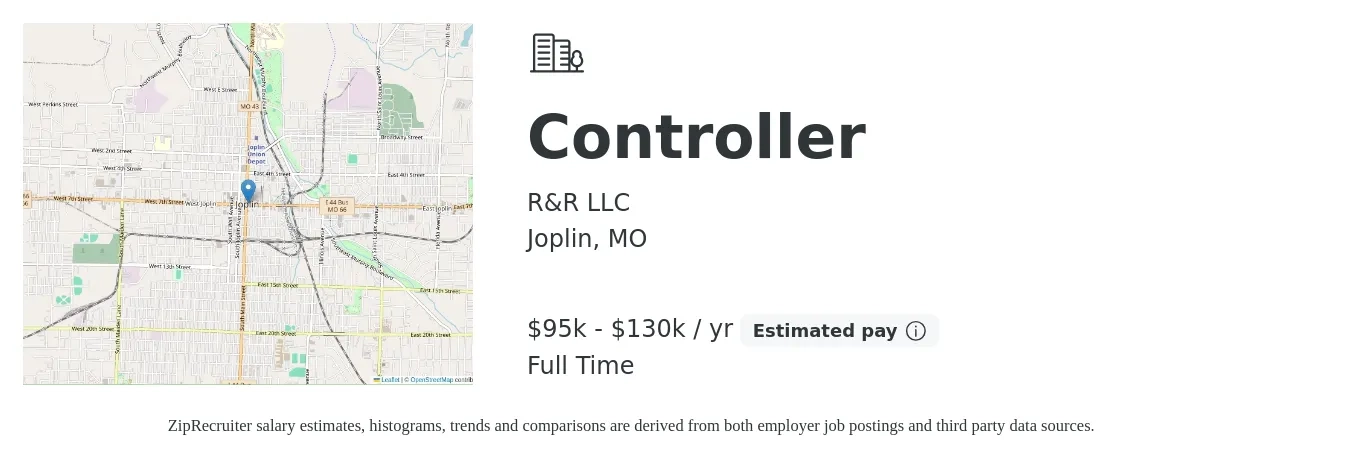 R&R LLC job posting for a Controller in Joplin, MO with a salary of $95,000 to $130,000 Yearly with a map of Joplin location.