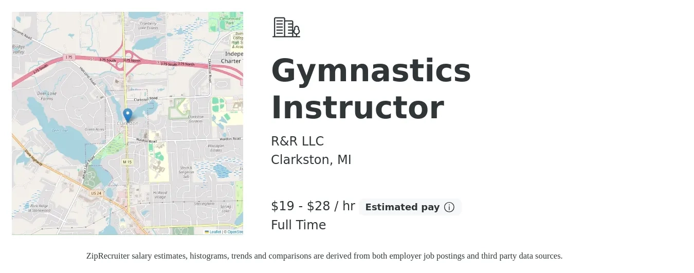 R&R LLC job posting for a Gymnastics Instructor in Clarkston, MI with a salary of $20 to $30 Hourly with a map of Clarkston location.