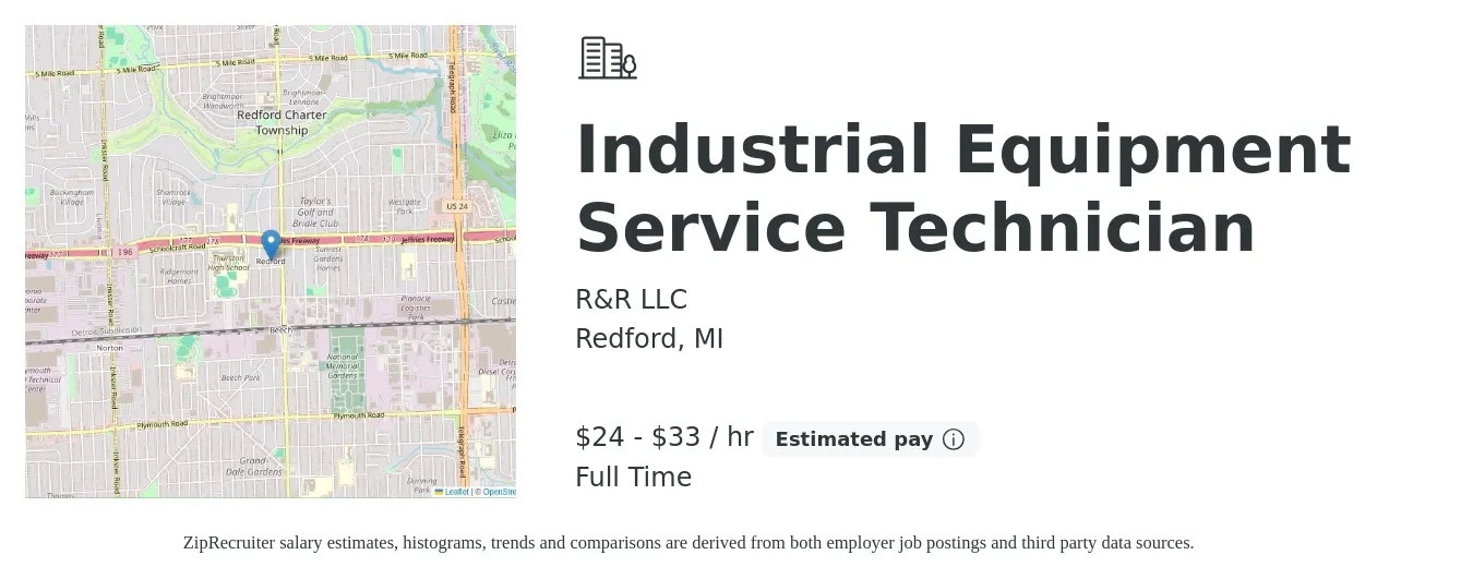R&R LLC job posting for a Industrial Equipment Service Technician in Redford, MI with a salary of $25 to $35 Hourly with a map of Redford location.