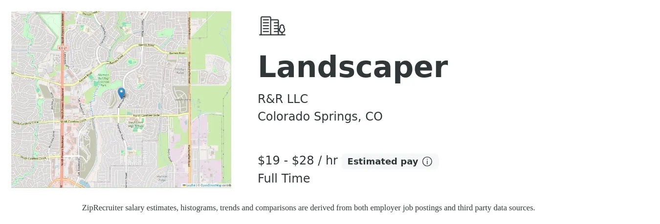 R&R LLC job posting for a Landscaper in Colorado Springs, CO with a salary of $20 to $30 Hourly with a map of Colorado Springs location.