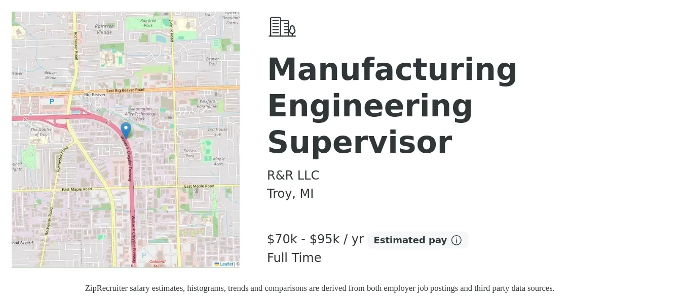 R&R LLC job posting for a Manufacturing Engineering Supervisor in Troy, MI with a salary of $70,000 to $95,000 Yearly with a map of Troy location.