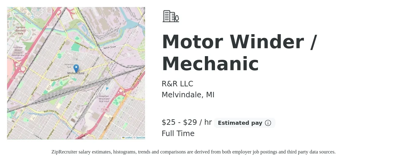 R&R LLC job posting for a Motor Winder / Mechanic in Melvindale, MI with a salary of $26 to $31 Hourly with a map of Melvindale location.