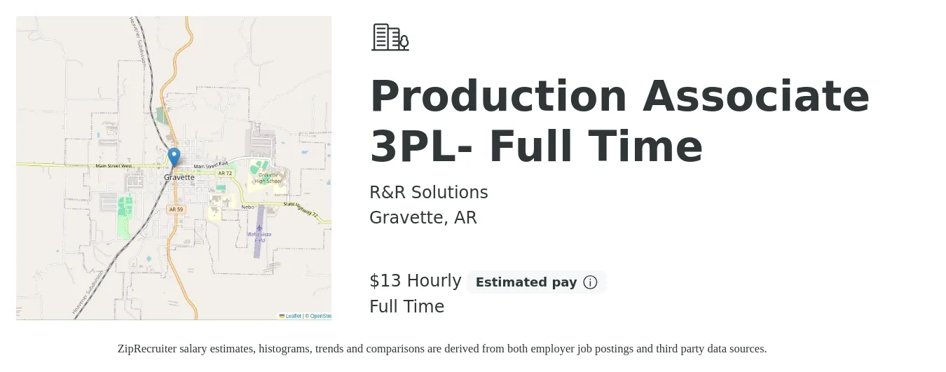 R&R Solutions job posting for a Production Associate 3PL- Full Time in Gravette, AR with a salary of $14 Hourly with a map of Gravette location.
