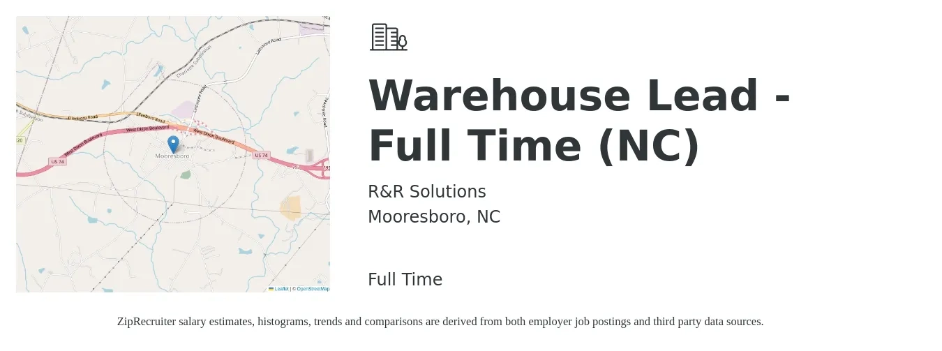 R&R Solutions job posting for a Warehouse Lead - Full Time (NC) in Mooresboro, NC with a salary of $15 to $18 Hourly with a map of Mooresboro location.