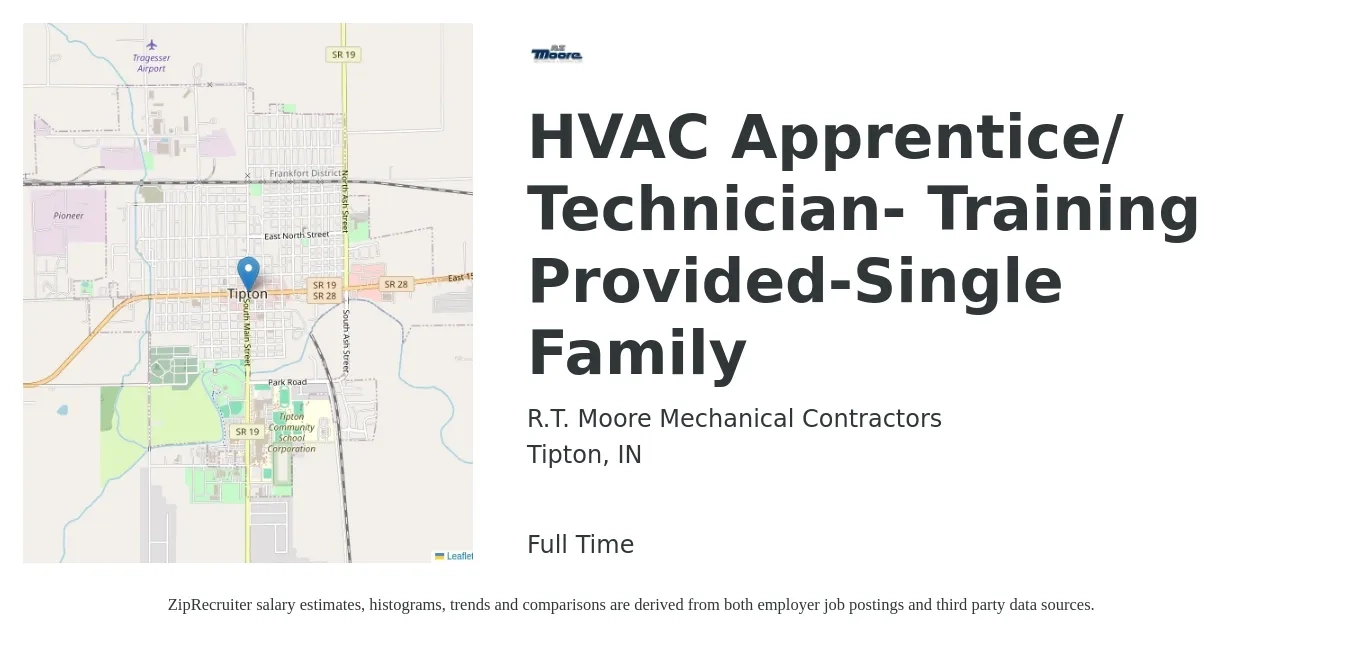 R.T. Moore Mechanical Contractors job posting for a HVAC Apprentice/ Technician- Training Provided-Single Family in Tipton, IN with a salary of $20 to $31 Hourly with a map of Tipton location.