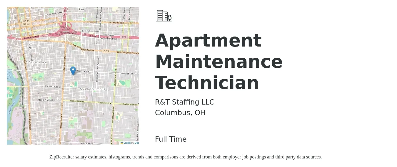 R&T Staffing LLC job posting for a Apartment Maintenance Technician in Columbus, OH with a salary of $18 to $20 Hourly with a map of Columbus location.
