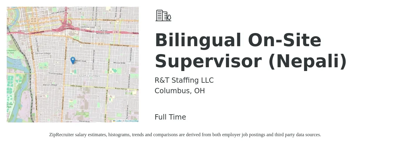 R&T Staffing LLC job posting for a Bilingual On-Site Supervisor (Nepali) in Columbus, OH with a salary of $17 Hourly with a map of Columbus location.