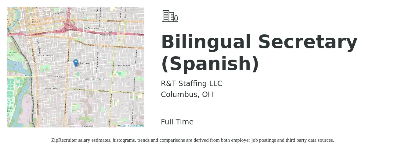R&T Staffing LLC job posting for a Bilingual Secretary (Spanish) in Columbus, OH with a salary of $17 Hourly with a map of Columbus location.