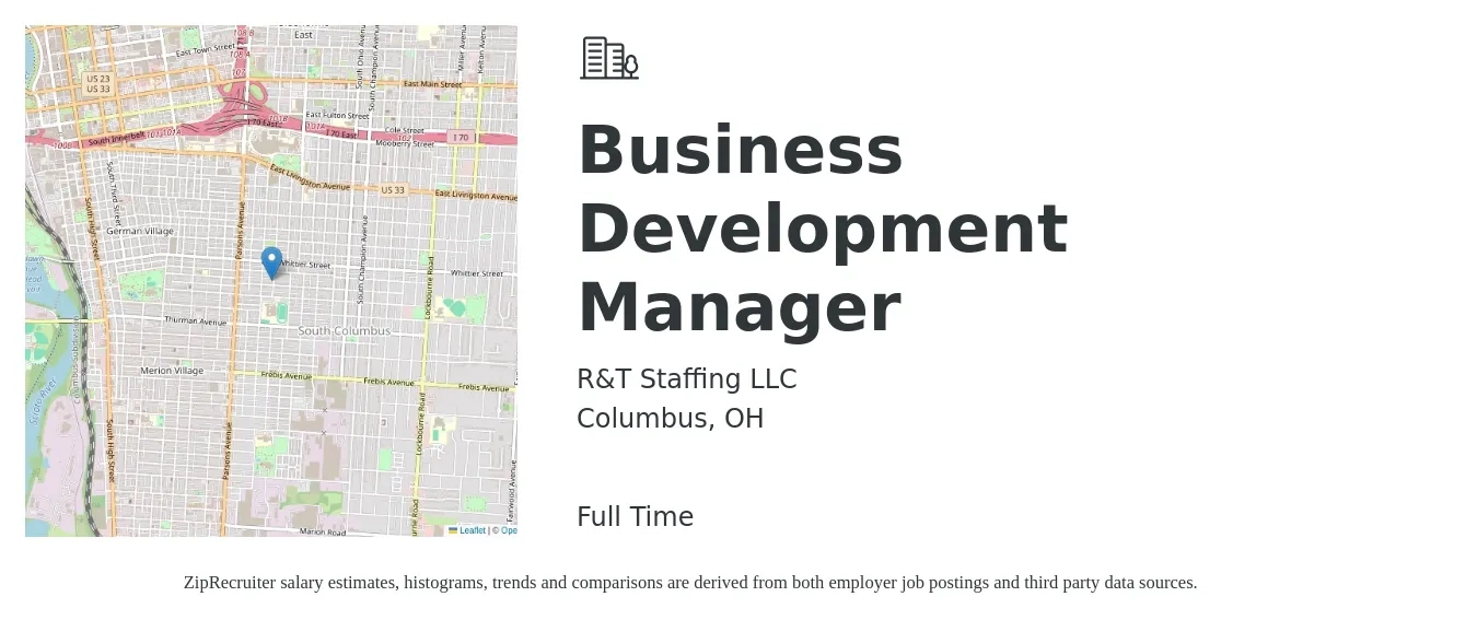 R&T Staffing LLC job posting for a Business Development Manager in Columbus, OH with a salary of $55,000 to $75,000 Yearly with a map of Columbus location.