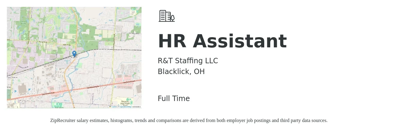 R&T Staffing LLC job posting for a HR Assistant in Blacklick, OH with a salary of $24 Hourly with a map of Blacklick location.