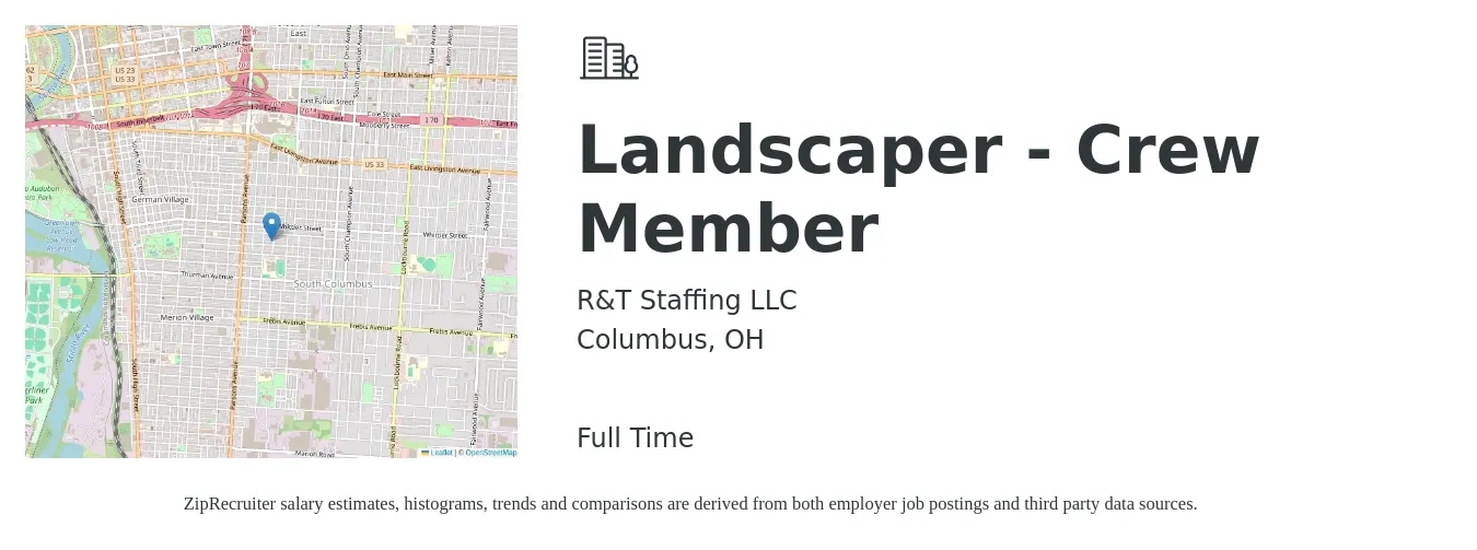 R&T Staffing LLC job posting for a Landscaper - Crew Member in Columbus, OH with a salary of $18 to $23 Hourly with a map of Columbus location.