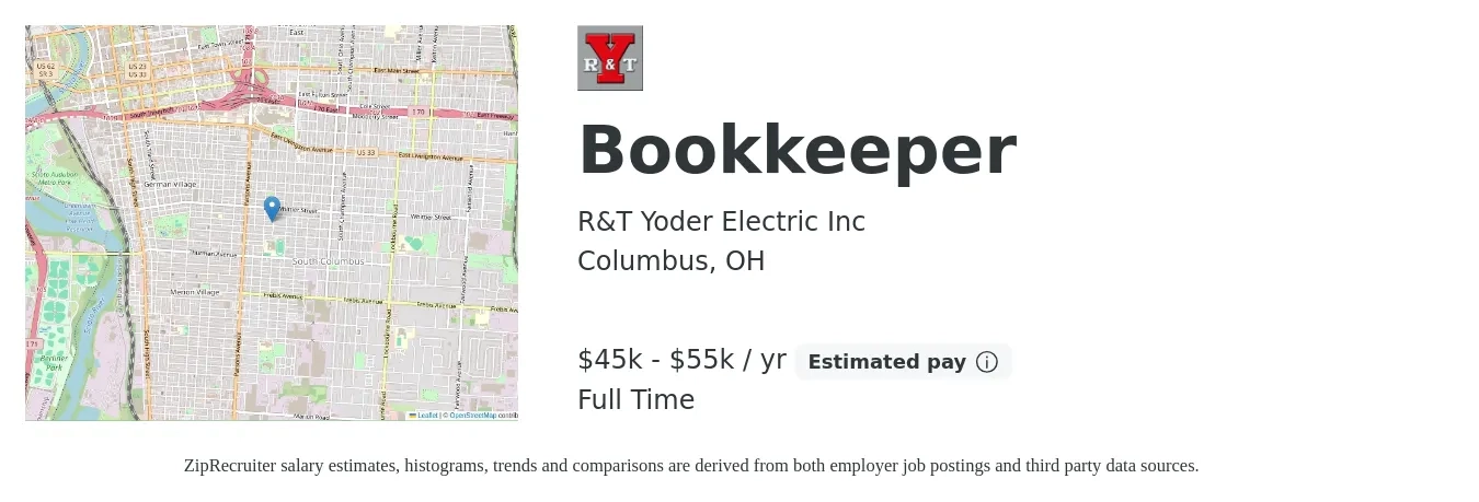 R&T Yoder Electric Inc job posting for a Bookkeeper in Columbus, OH with a salary of $45,000 to $55,000 Yearly with a map of Columbus location.