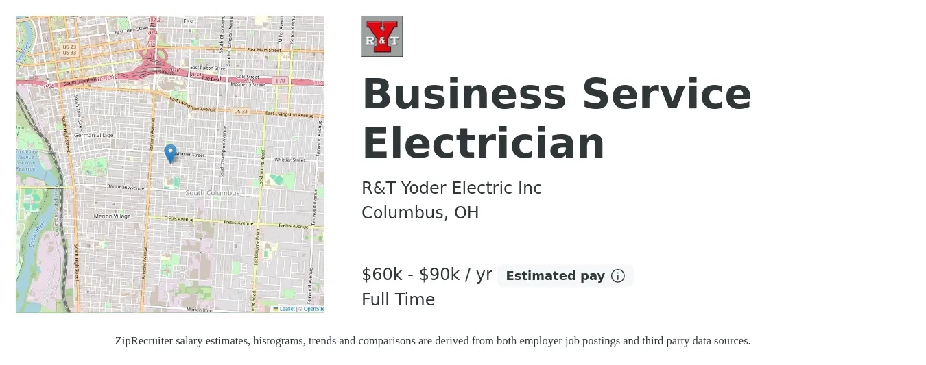 R&T Yoder Electric Inc job posting for a Business Service Electrician in Columbus, OH with a salary of $60,000 to $90,000 Yearly with a map of Columbus location.