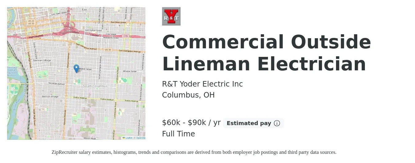R&T Yoder Electric Inc job posting for a Commercial Outside Lineman Electrician in Columbus, OH with a salary of $60,000 to $90,000 Yearly with a map of Columbus location.
