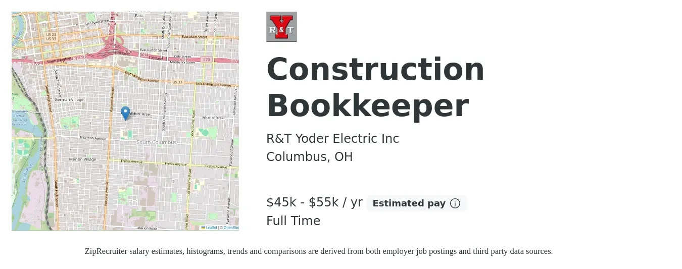 R&T Yoder Electric Inc job posting for a Construction Bookkeeper in Columbus, OH with a salary of $45,000 to $55,000 Yearly with a map of Columbus location.