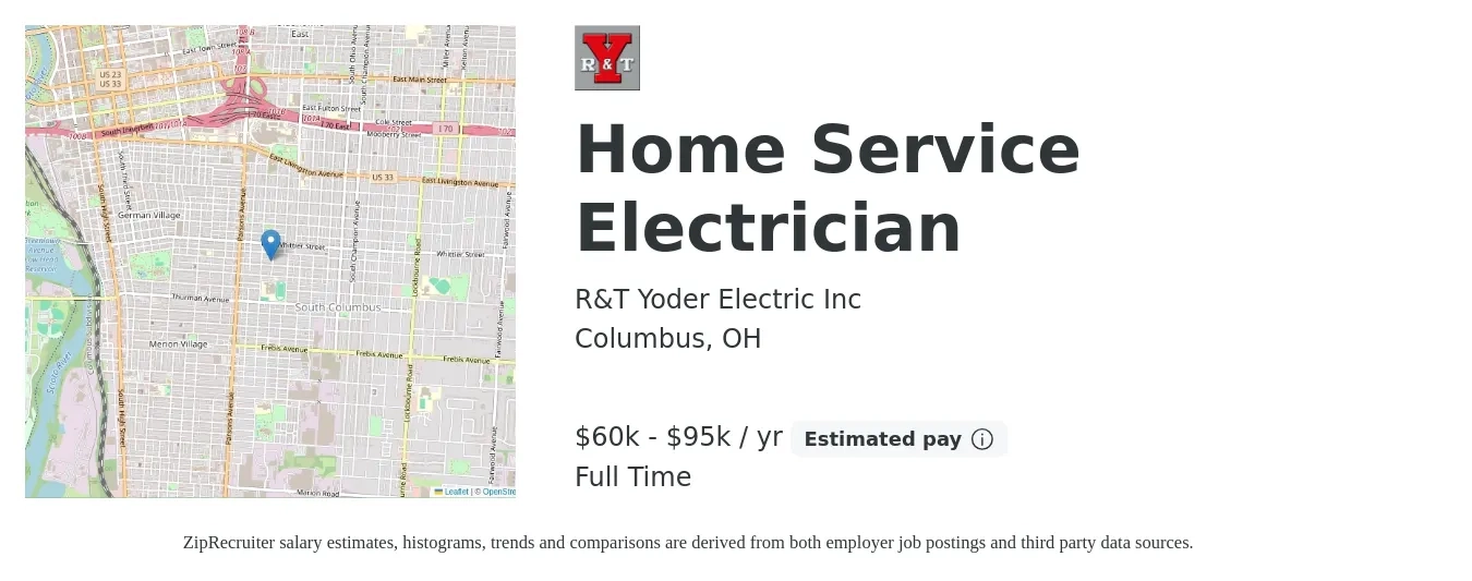 R&T Yoder Electric Inc job posting for a Home Service Electrician in Columbus, OH with a salary of $60,000 to $90,000 Yearly with a map of Columbus location.