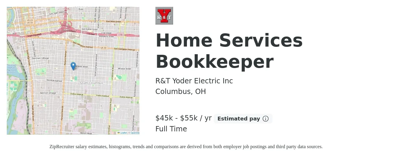 R&T Yoder Electric Inc job posting for a Home Services Bookkeeper in Columbus, OH with a salary of $45,000 to $55,000 Yearly with a map of Columbus location.