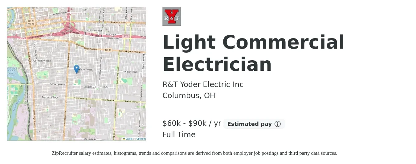 R&T Yoder Electric Inc job posting for a Light Commercial Electrician in Columbus, OH with a salary of $60,000 to $90,000 Yearly with a map of Columbus location.