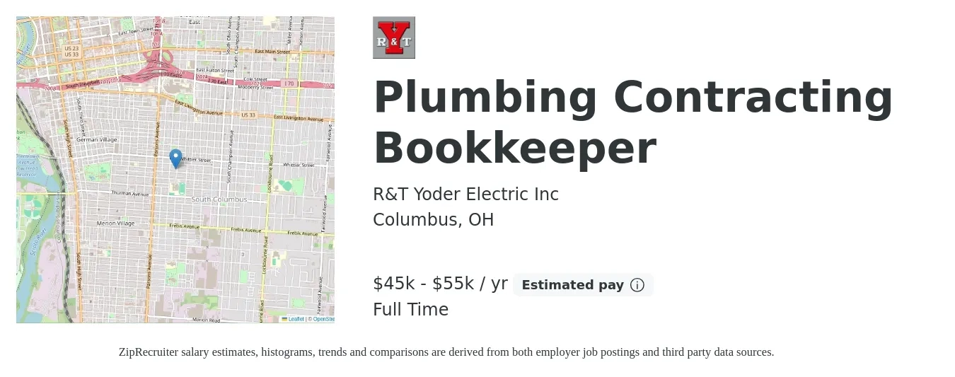 R&T Yoder Electric Inc job posting for a Plumbing Contracting Bookkeeper in Columbus, OH with a salary of $45,000 to $55,000 Yearly with a map of Columbus location.