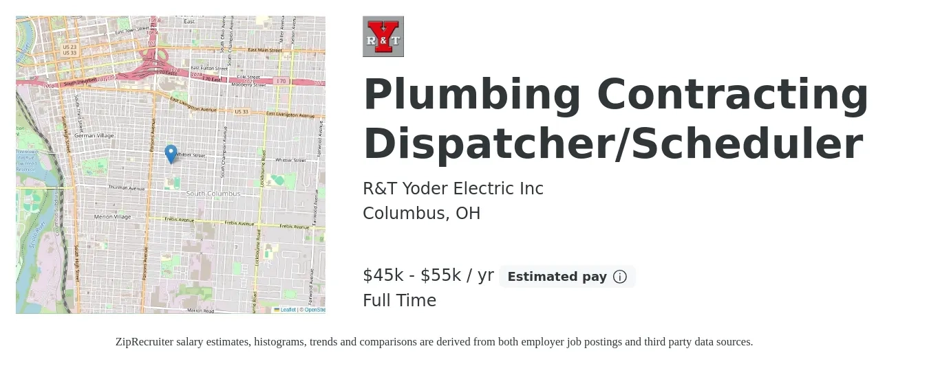 R&T Yoder Electric Inc job posting for a Plumbing Contracting Dispatcher/Scheduler in Columbus, OH with a salary of $45,000 to $55,000 Yearly with a map of Columbus location.