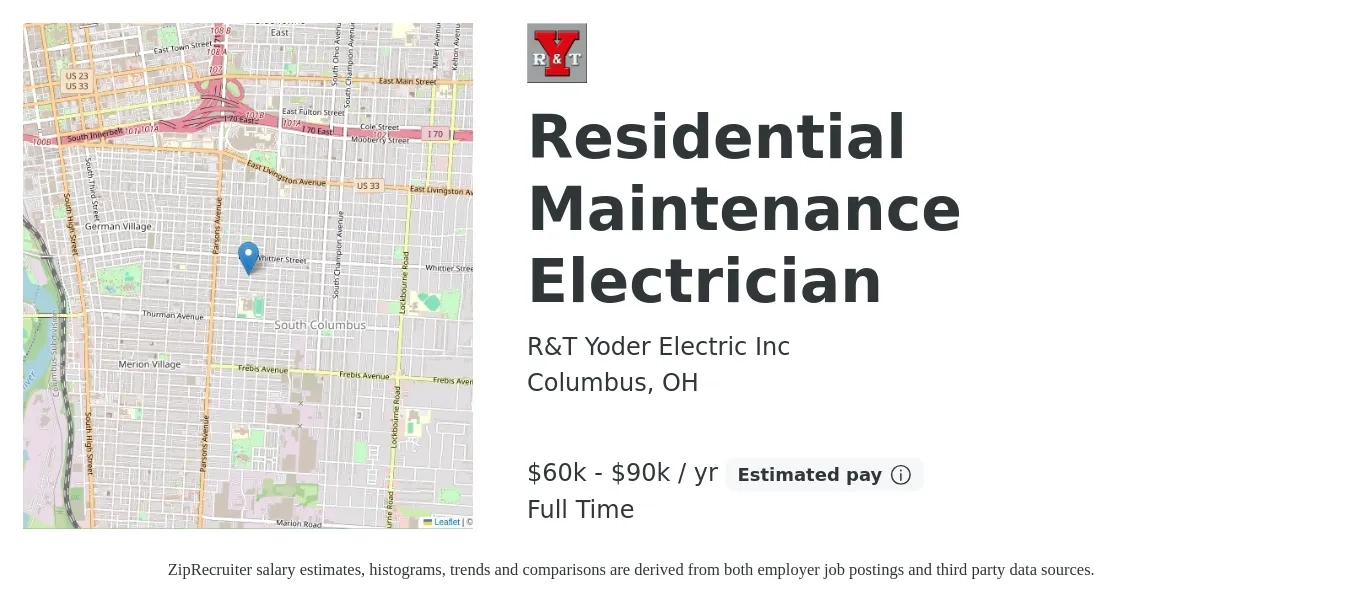 R&T Yoder Electric Inc job posting for a Residential Maintenance Electrician in Columbus, OH with a salary of $40 Hourly with a map of Columbus location.