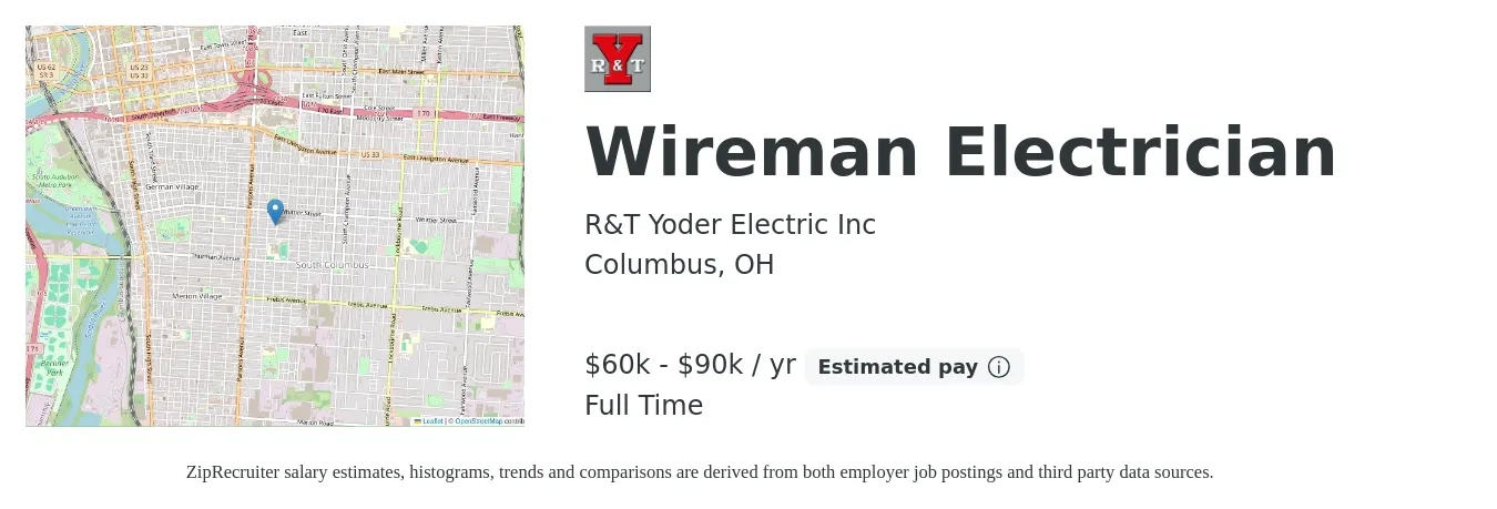 R&T Yoder Electric Inc job posting for a Wireman Electrician in Columbus, OH with a salary of $60,000 to $90,000 Yearly with a map of Columbus location.