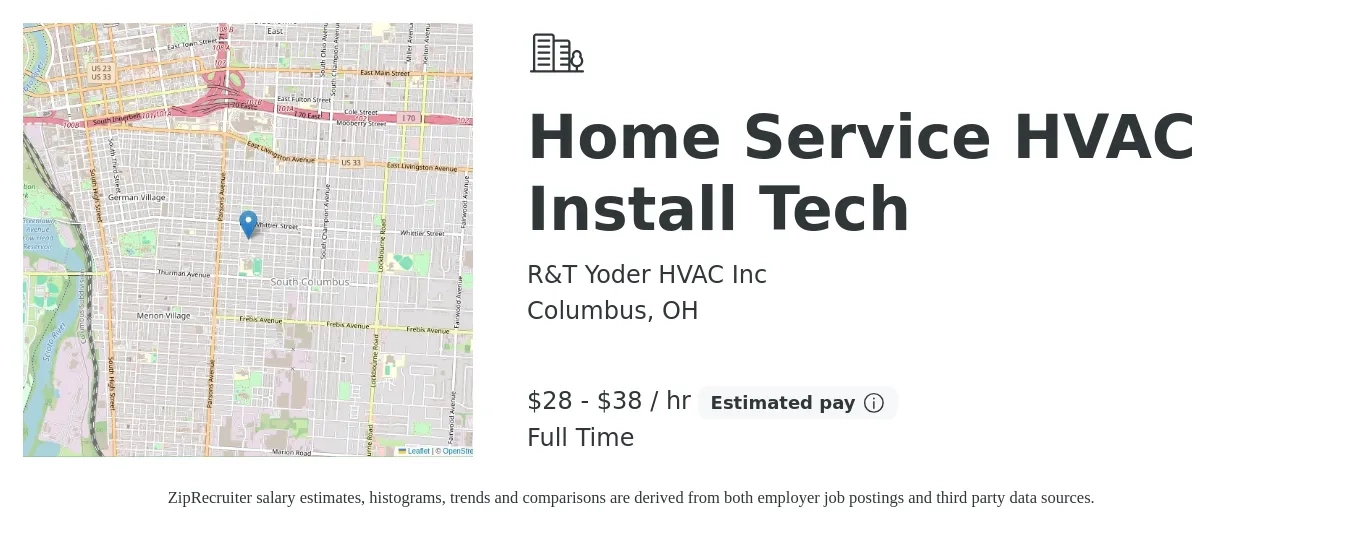 R&T Yoder HVAC Inc job posting for a Home Service HVAC Install Tech in Columbus, OH with a salary of $30 to $40 Hourly with a map of Columbus location.