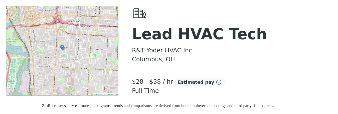 R&T Yoder HVAC Inc job posting for a Lead HVAC Tech in Columbus, OH with a salary of $30 to $40 Hourly with a map of Columbus location.