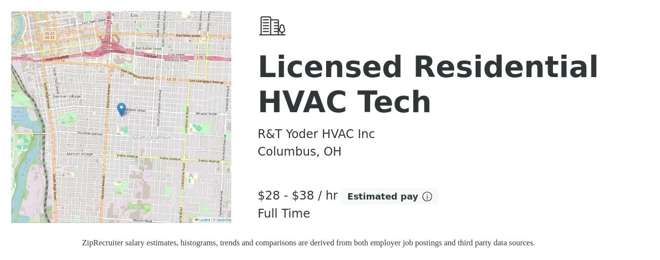 R&T Yoder HVAC Inc job posting for a Licensed Residential HVAC Tech in Columbus, OH with a salary of $30 to $40 Hourly with a map of Columbus location.