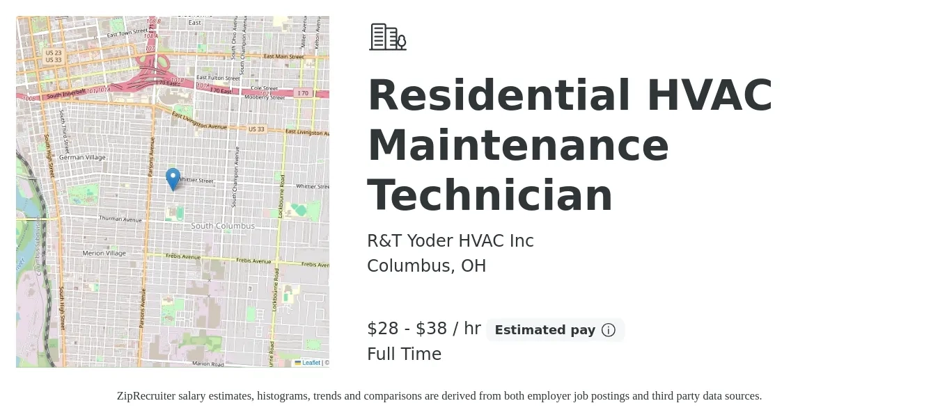 R&T Yoder HVAC Inc job posting for a Residential HVAC Maintenance Technician in Columbus, OH with a salary of $30 to $40 Hourly with a map of Columbus location.