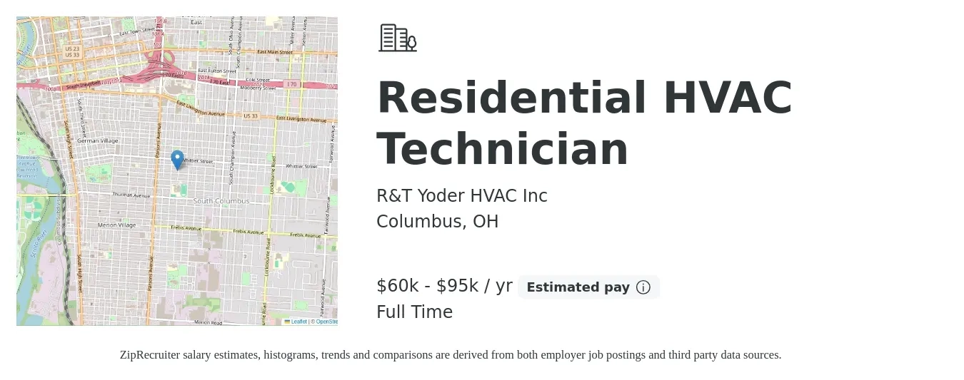 R&T Yoder HVAC Inc job posting for a Residential HVAC Technician in Columbus, OH with a salary of $30 to $40 Hourly with a map of Columbus location.
