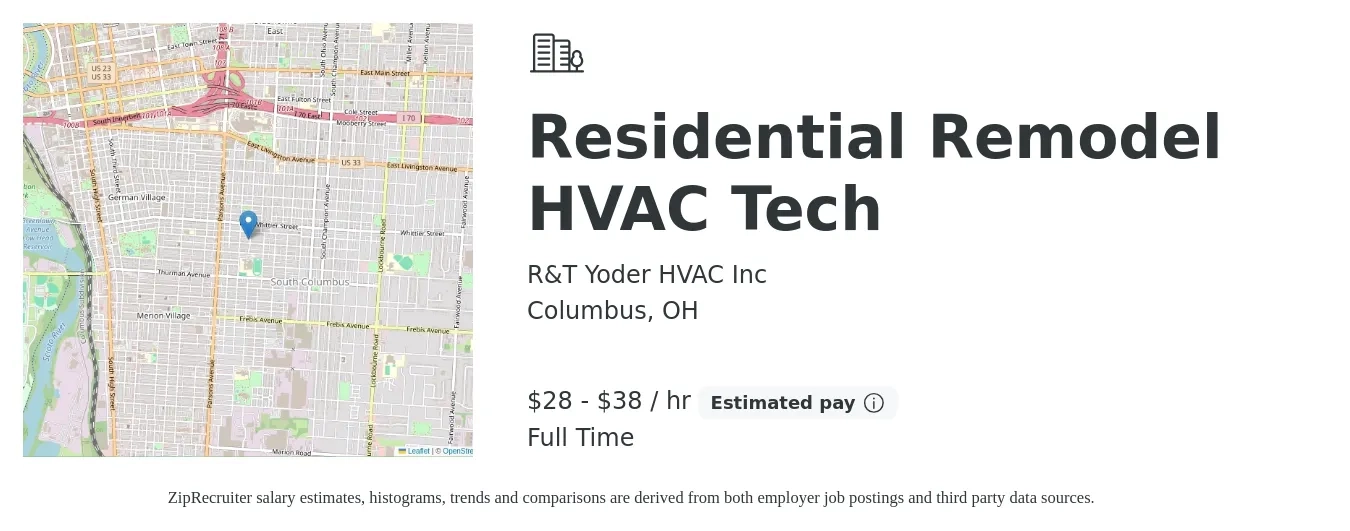 R&T Yoder HVAC Inc job posting for a Residential Remodel HVAC Tech in Columbus, OH with a salary of $30 to $40 Hourly with a map of Columbus location.