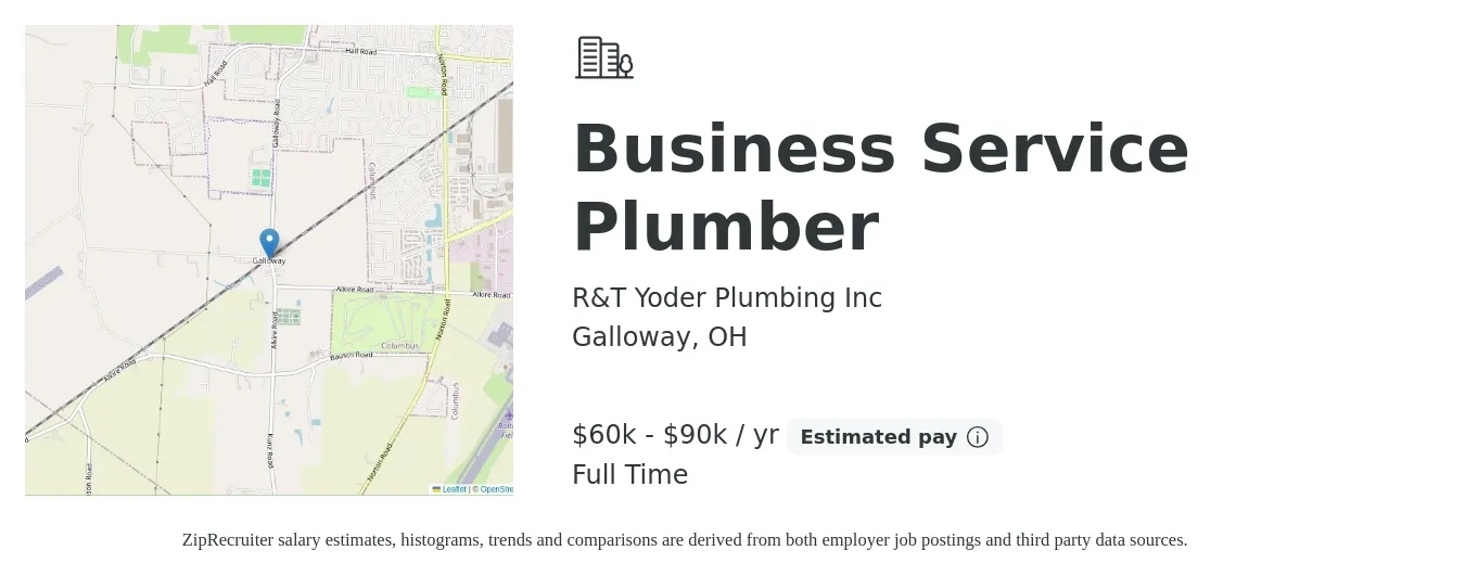 R&T Yoder Plumbing Inc job posting for a Business Service Plumber in Galloway, OH with a salary of $60,000 to $90,000 Yearly with a map of Galloway location.