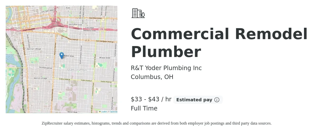 R&T Yoder Plumbing Inc job posting for a Commercial Remodel Plumber in Columbus, OH with a salary of $35 to $45 Hourly with a map of Columbus location.