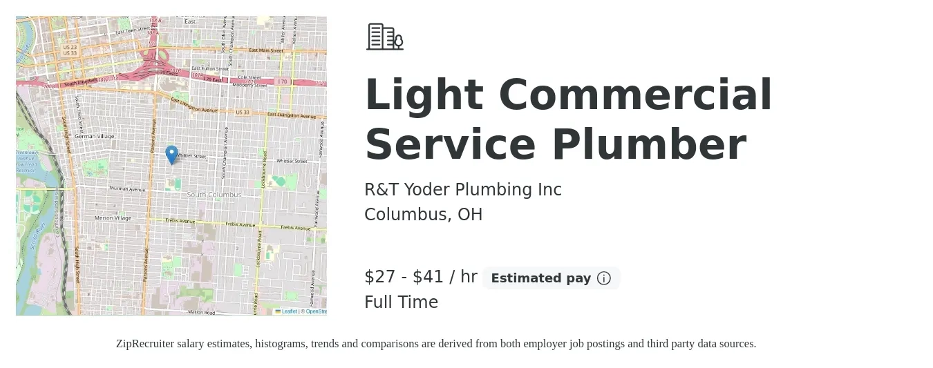 R&T Yoder Plumbing Inc job posting for a Light Commercial Service Plumber in Columbus, OH with a salary of $60,000 to $90,000 Yearly with a map of Columbus location.