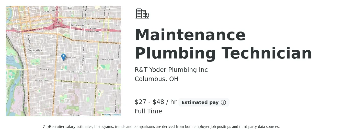 R&T Yoder Plumbing Inc job posting for a Maintenance Plumbing Technician in Columbus, OH with a salary of $60,000 to $90,000 Yearly with a map of Columbus location.