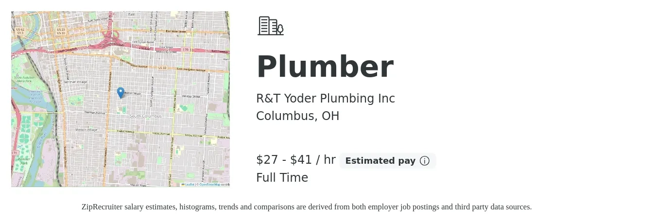 R&T Yoder Plumbing Inc job posting for a Plumber in Columbus, OH with a salary of $60,000 to $90,000 Yearly with a map of Columbus location.