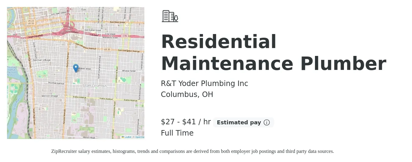 R&T Yoder Plumbing Inc job posting for a Residential Maintenance Plumber in Columbus, OH with a salary of $60,000 to $90,000 Yearly with a map of Columbus location.