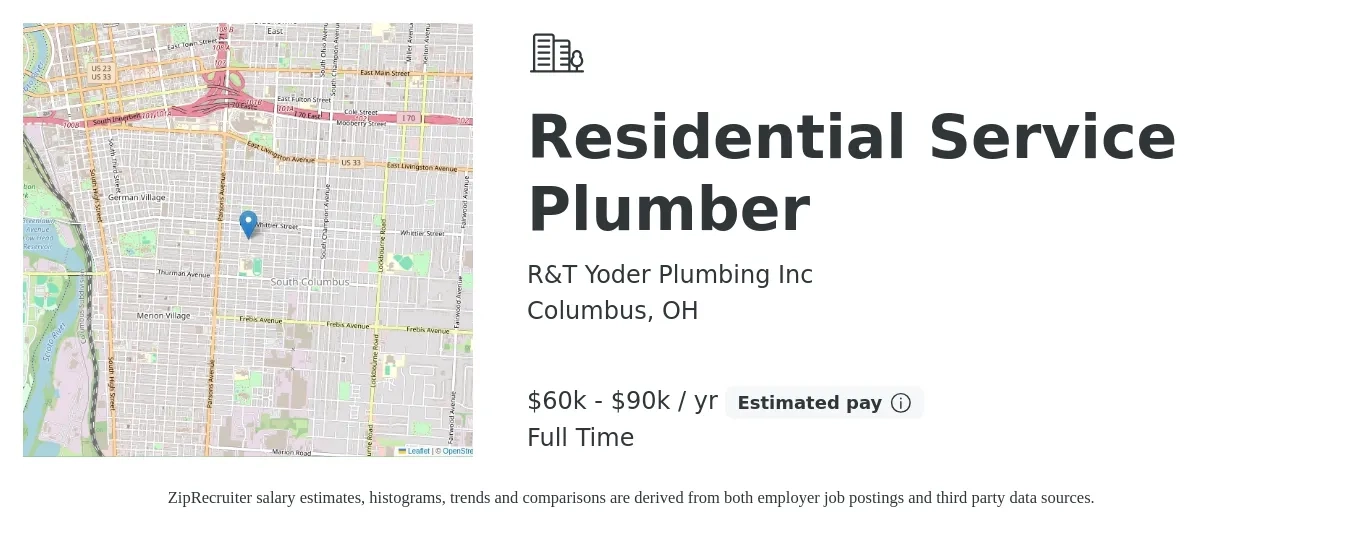 R&T Yoder Plumbing Inc job posting for a Residential Service Plumber in Columbus, OH with a salary of $60,000 to $90,000 Yearly with a map of Columbus location.