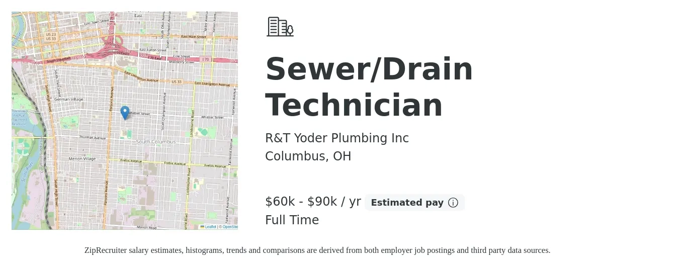 R&T Yoder Plumbing Inc job posting for a Sewer/Drain Technician in Columbus, OH with a salary of $60,000 to $90,000 Yearly with a map of Columbus location.