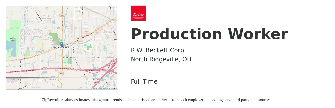 R.W. Beckett Corp job posting for a Production Worker in North Ridgeville, OH with a salary of $14 to $16 Hourly with a map of North Ridgeville location.