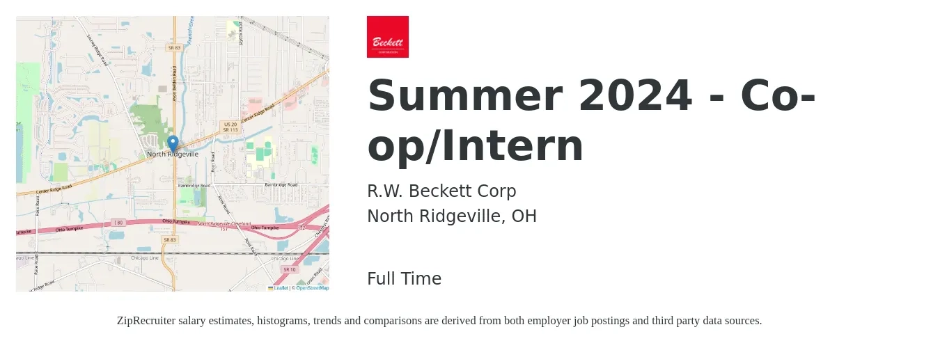 R.W. Beckett Corp job posting for a Summer 2024 - Co-op/Intern in North Ridgeville, OH with a salary of $15 to $19 Hourly with a map of North Ridgeville location.