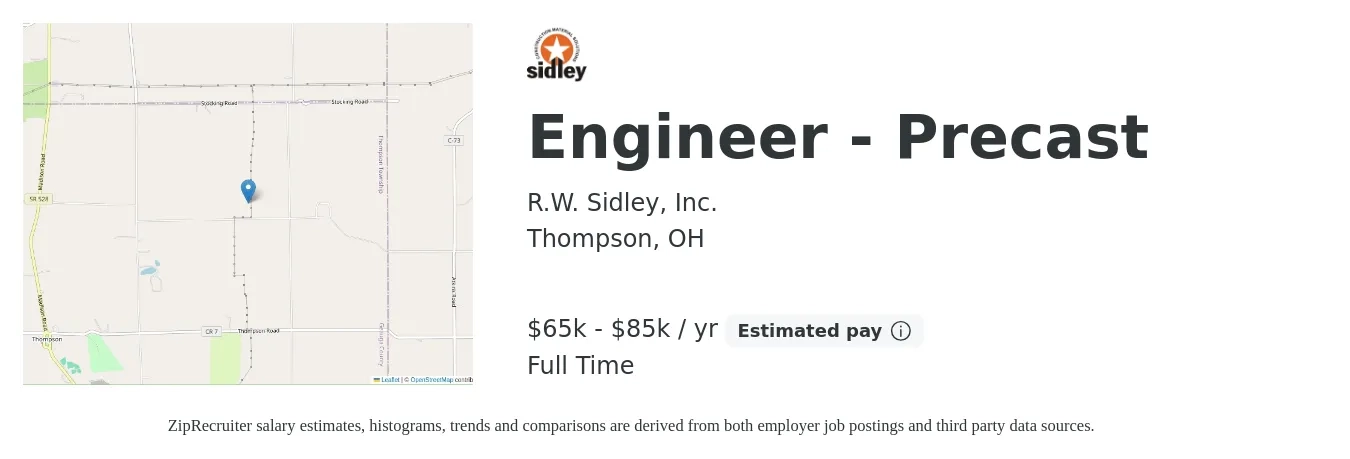 R.W. Sidley, Inc. job posting for a Engineer - Precast in Thompson, OH with a salary of $65,000 to $85,000 Yearly with a map of Thompson location.