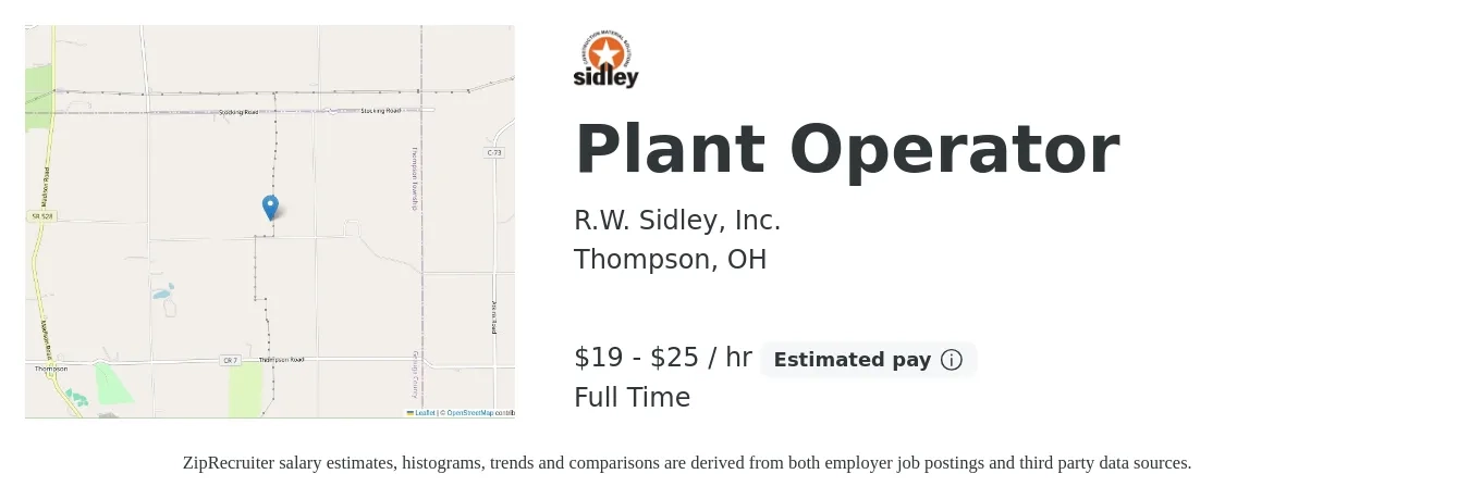 R.W. Sidley, Inc. job posting for a Plant Operator in Thompson, OH with a salary of $20 to $26 Hourly with a map of Thompson location.