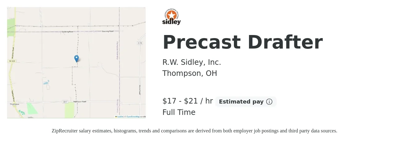 R.W. Sidley, Inc. job posting for a Precast Drafter in Thompson, OH with a salary of $18 to $22 Hourly with a map of Thompson location.