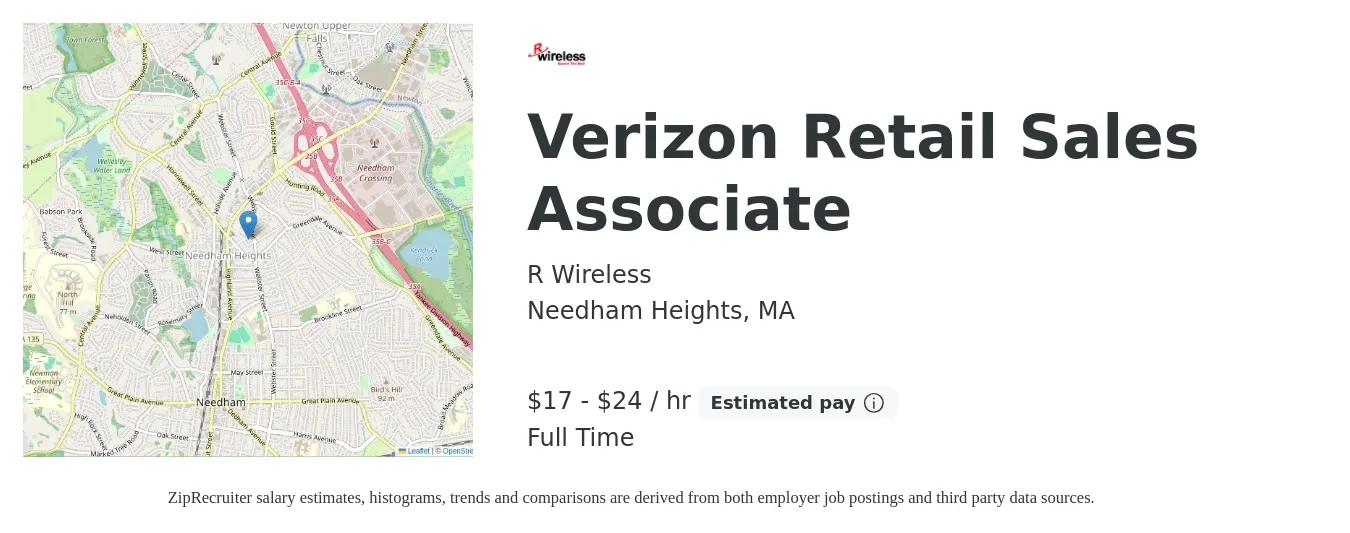 R Wireless job posting for a Verizon Retail Sales Associate in Needham Heights, MA with a salary of $18 to $25 Hourly with a map of Needham Heights location.