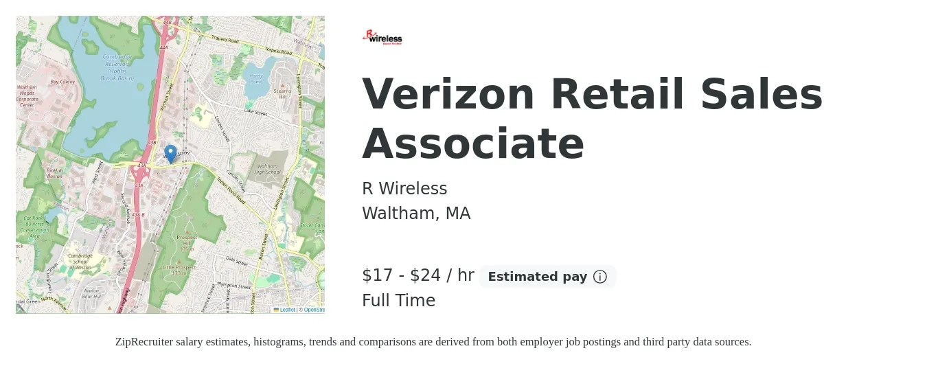R Wireless job posting for a Verizon Retail Sales Associate in Waltham, MA with a salary of $18 to $25 Hourly with a map of Waltham location.