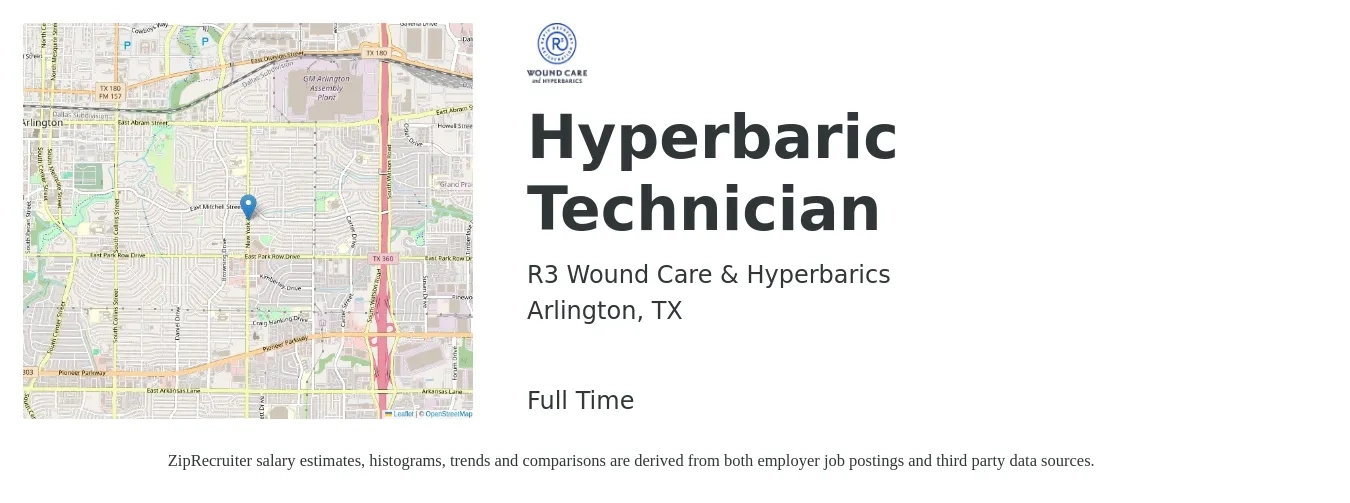 R3 Wound Care & Hyperbarics job posting for a Hyperbaric Technician in Arlington, TX with a salary of $17 to $22 Hourly with a map of Arlington location.