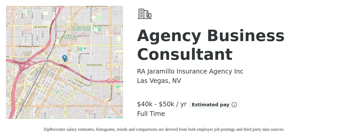 RA Jaramillo Insurance Agency Inc job posting for a Agency Business Consultant in Las Vegas, NV with a salary of $40,000 to $50,000 Yearly with a map of Las Vegas location.